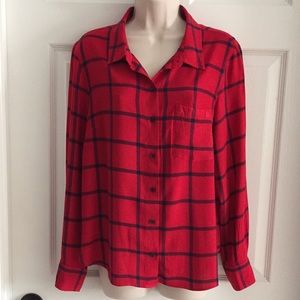 Tommy Hilfiger Red & Navy Plaid Long Sleeve Top L